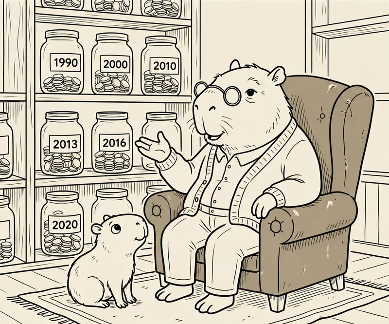 Ilustración del libro 101: un abuelo capibara le muestra a un capibara chico sus frascos de ahorro