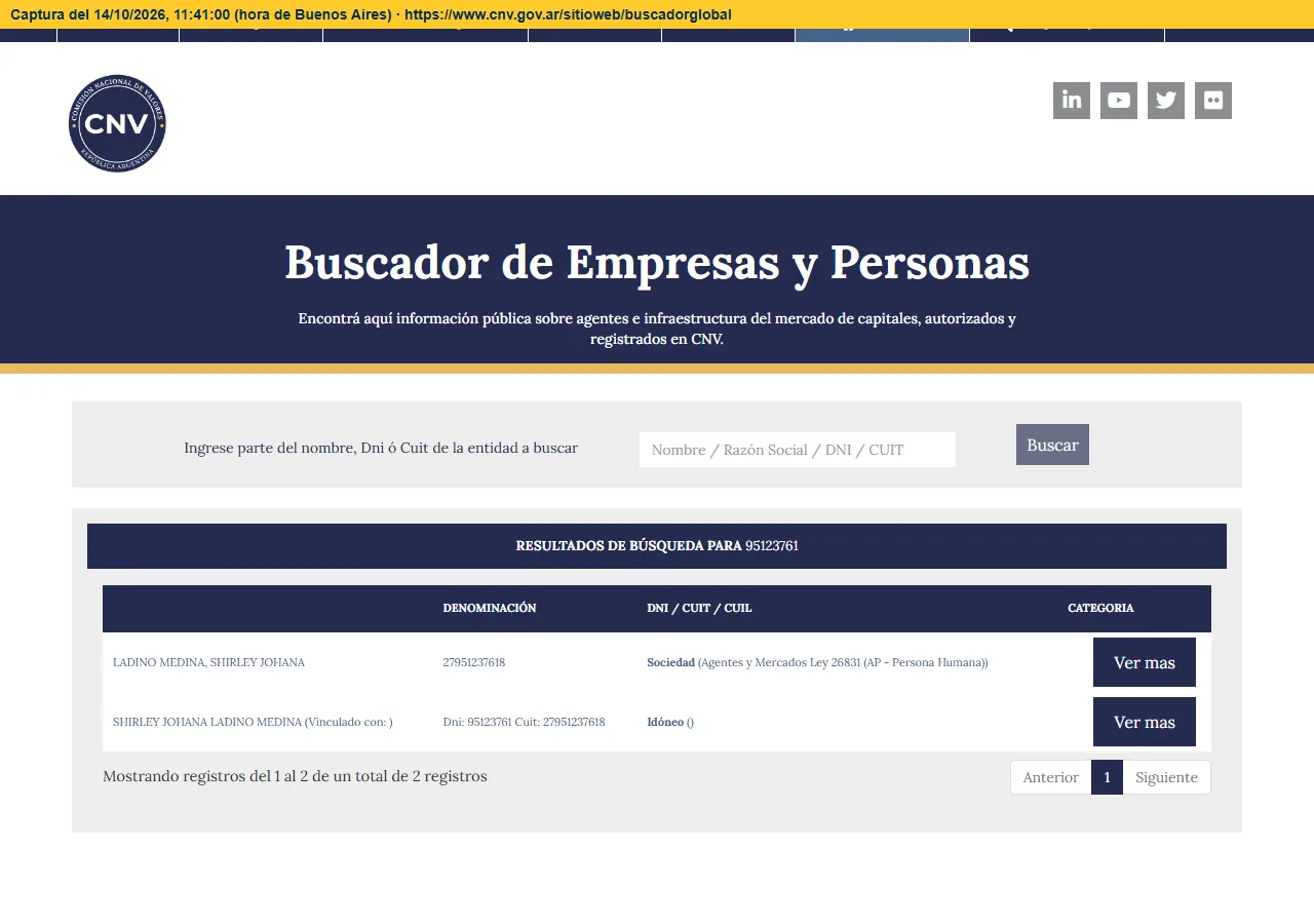 Buscador de la CNV con los dos registros de Shirley Johana Ladino Medina