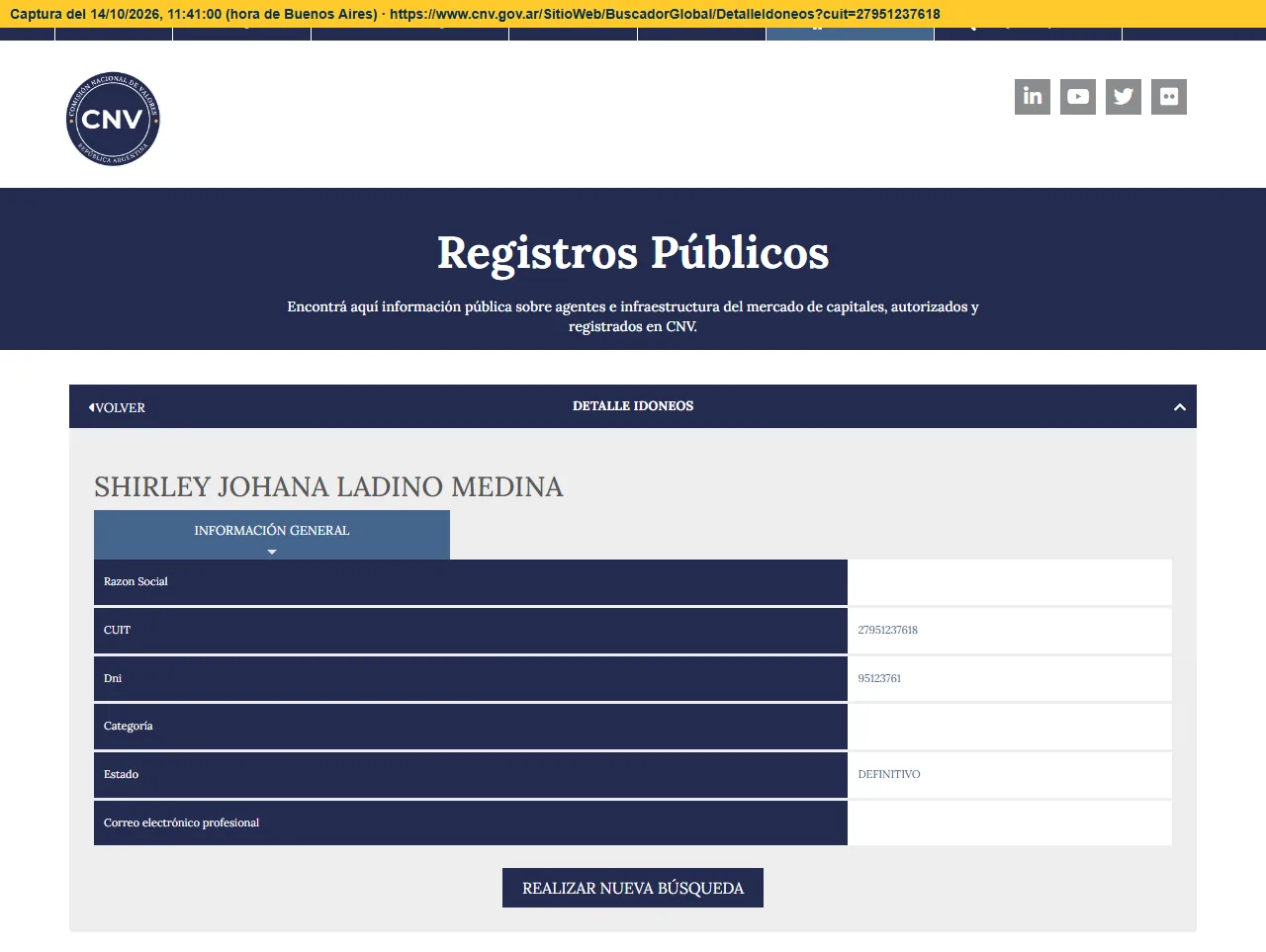 Registro de idóneos de la CNV: Shirley Johana Ladino Medina, estado definitivo