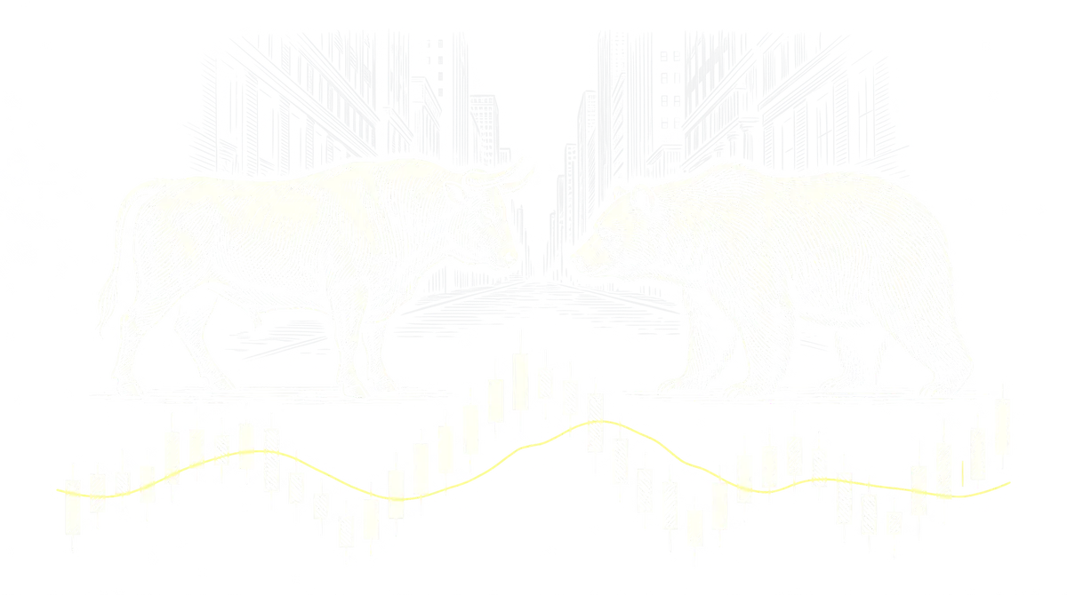 Un toro y un oso grabados a linea, enfrentados y midiendose, sobre un grafico de velas