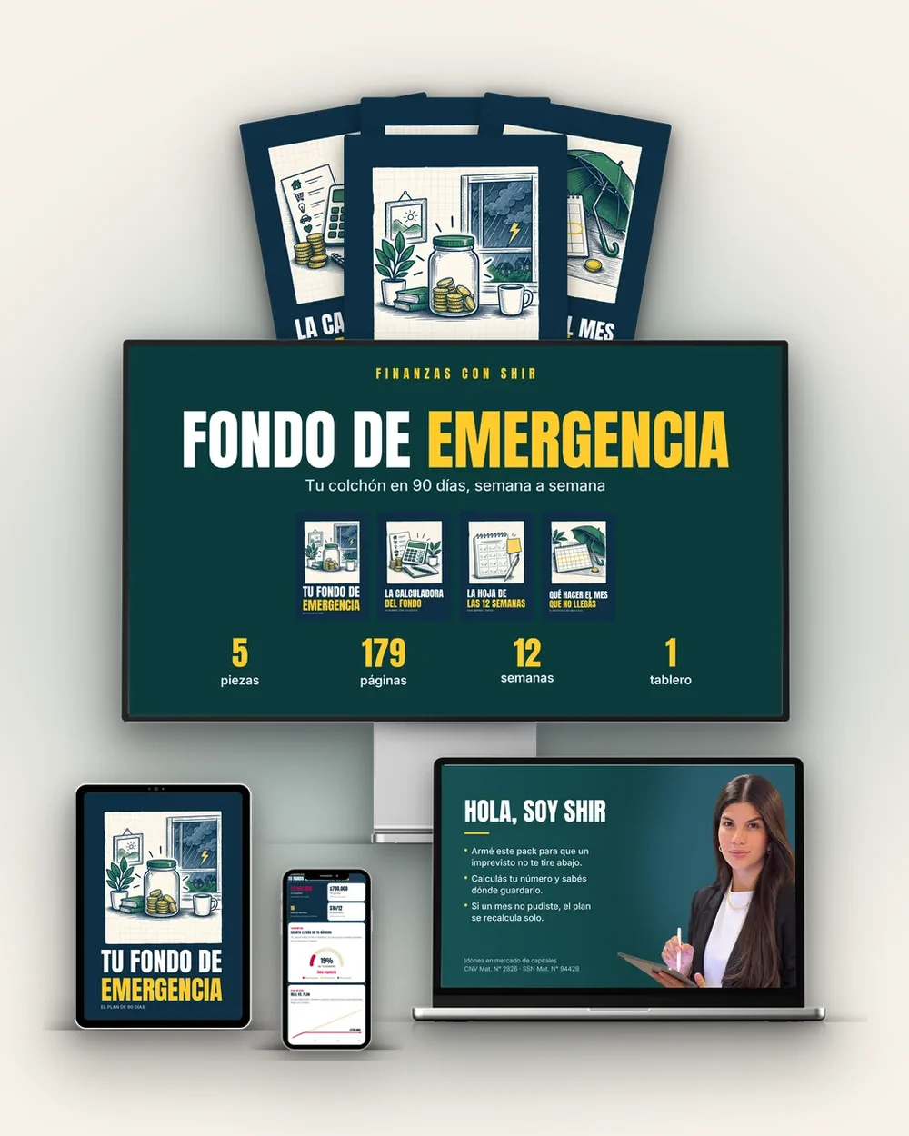 Tu Fondo de Emergencia en 90 Días en una tablet, con su tablero detrás