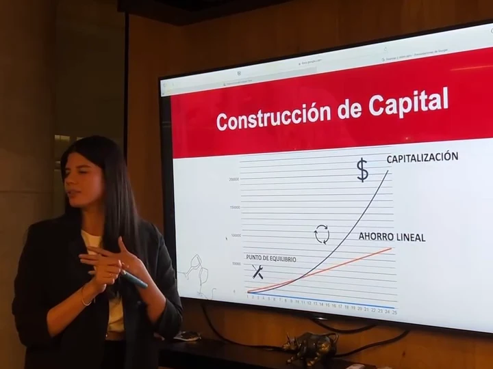 Shir Ladino dando una charla frente a una pantalla con el gráfico de construcción de capital