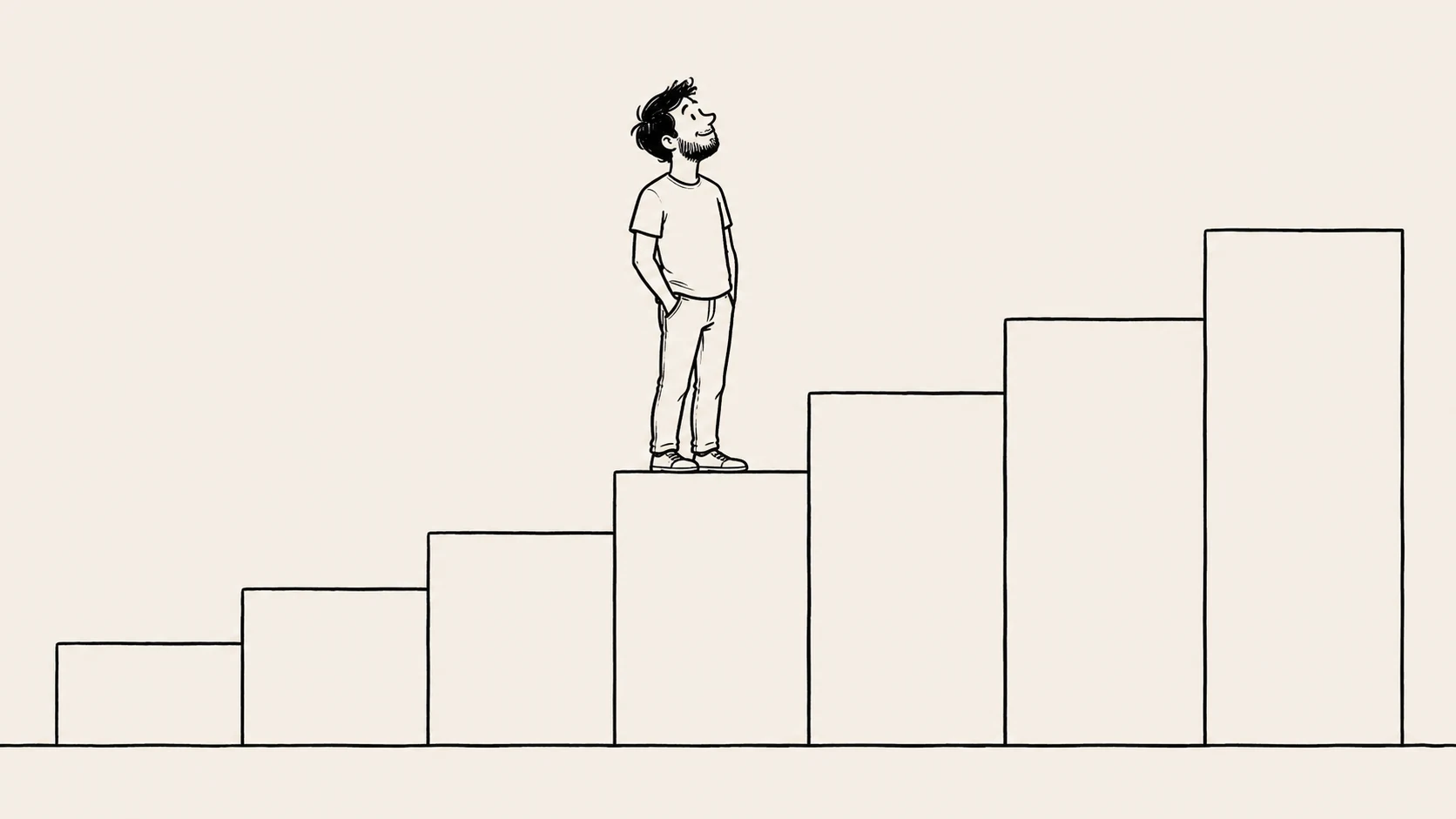 Una escalera de siete escalones dibujada de perfil, con una figura parada en el cuarto