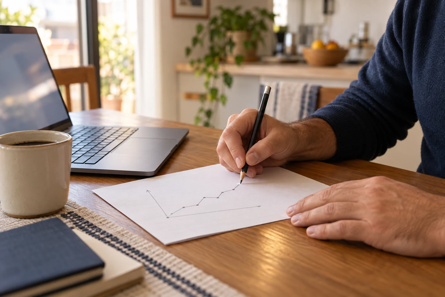 Unas manos haciendo la cuenta en papel al lado de una notebook, con luz de tarde