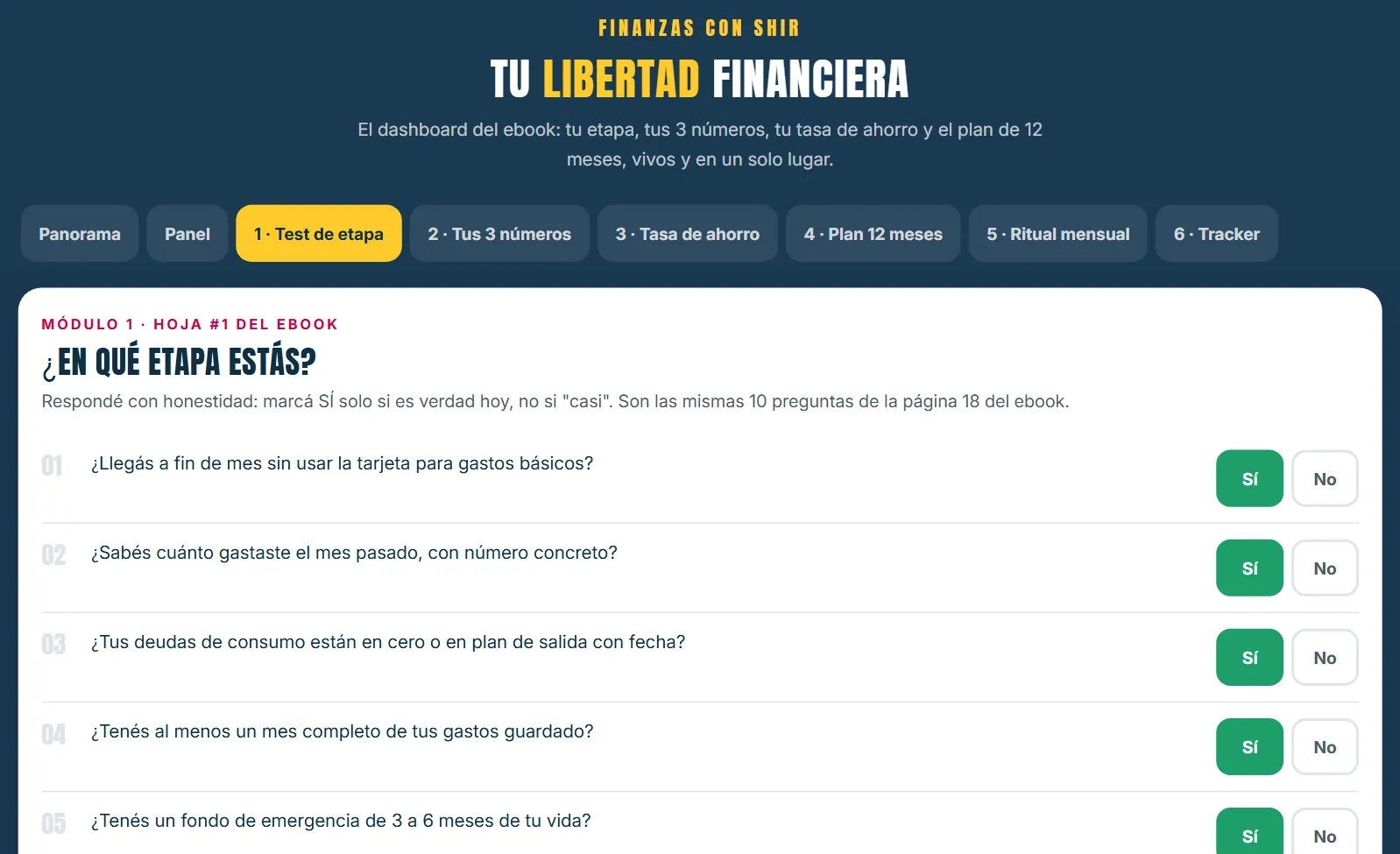 El tablero en la pestaña del test de etapa, con las diez preguntas