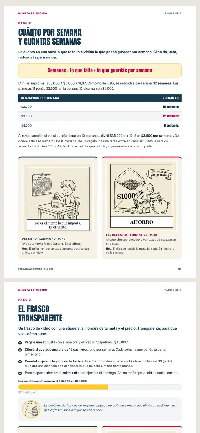 Una página de la mini guía Mi meta de ahorro en el celular: cuánto por semana y cuántas semanas