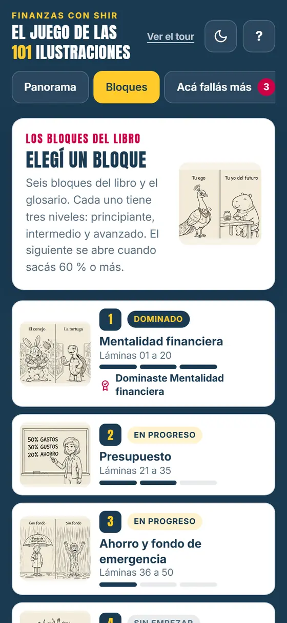 El juego: la pestaña Bloques con los niveles de cada bloque