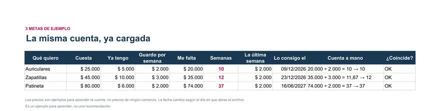 La calculadora: tres metas de ejemplo ya cargadas