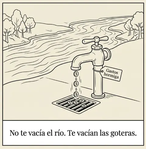 Lámina 25: una canilla de gastos hormiga gotea. No te vacía el río. Te vacían las goteras.