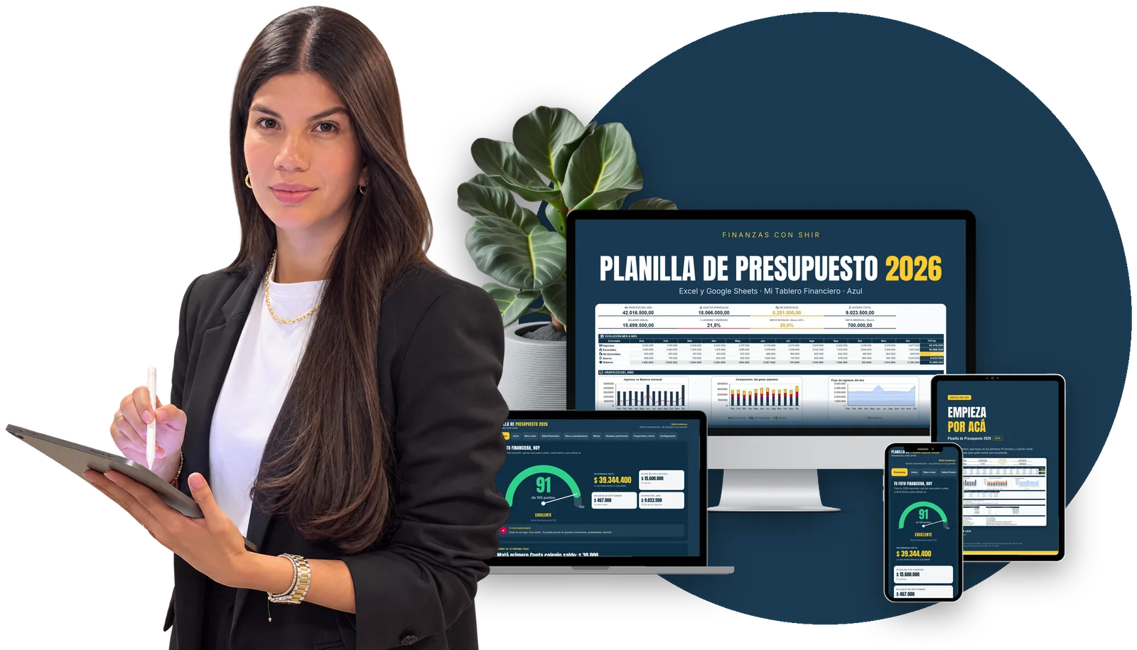 Shir Ladino con la Planilla de Presupuesto 2026 en un monitor, una notebook, una tablet y un celular, en el color elegido