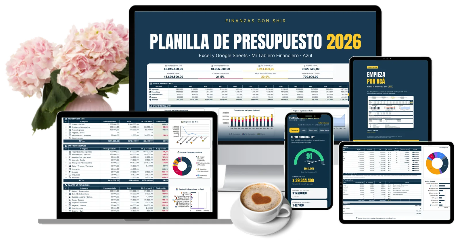 La planilla en un escritorio: el monitor con la portada de la Planilla de Presupuesto 2026, la notebook con la hoja Octubre, la tablet con la guía y el celular con Mi Tablero Financiero, en el color elegido